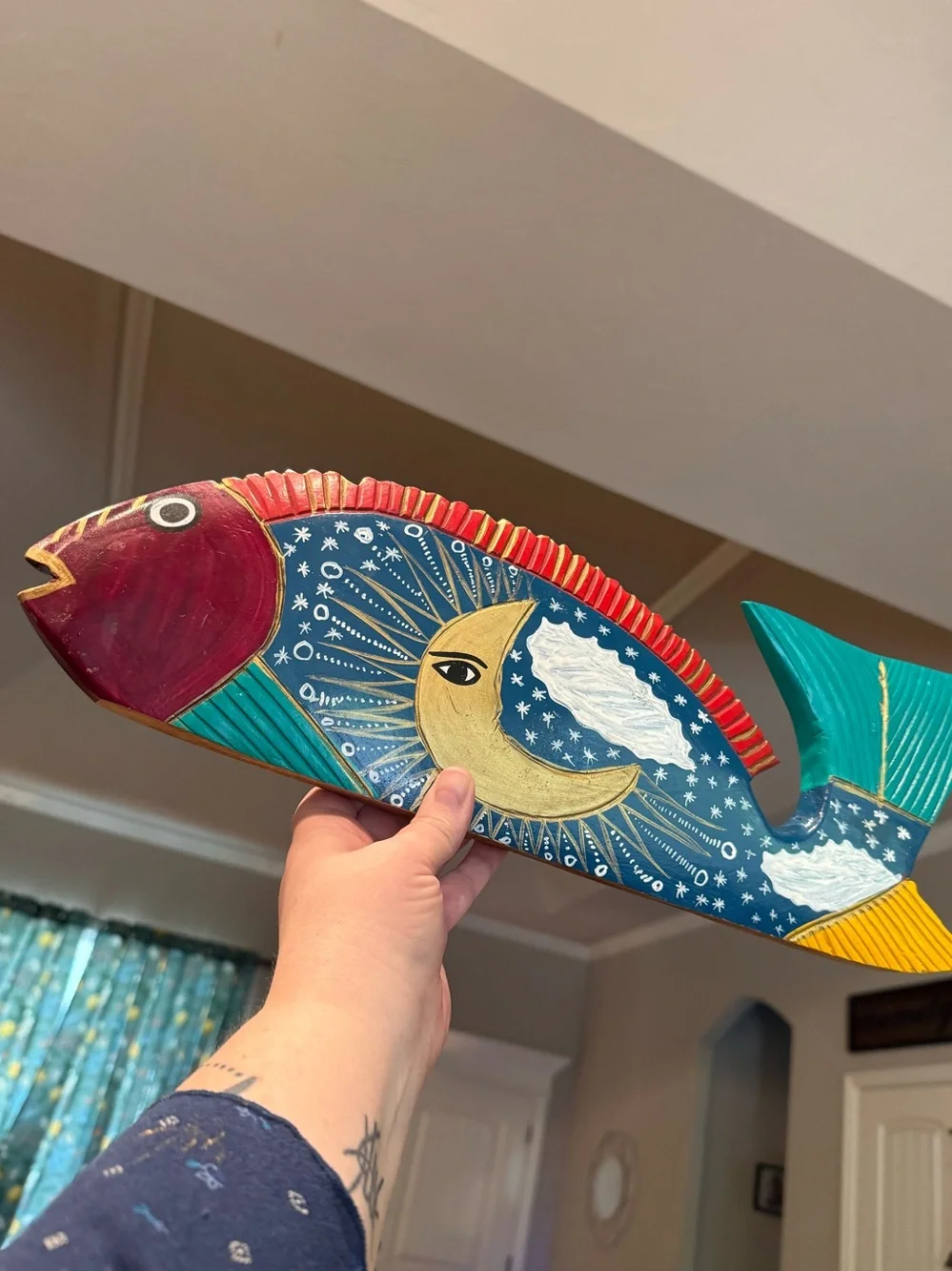 Oaxacan Hand Carved Painted Fish w/Moon & stars Design Mexican Wood Folk Art